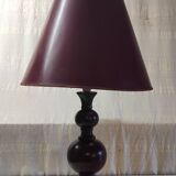 Turned wood table lamp in plum color - 1970s