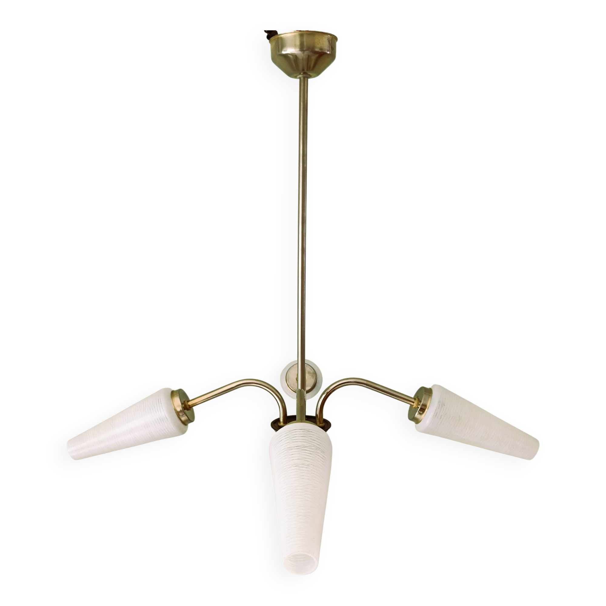Brass chandelier with conical lampshades from the 1970s