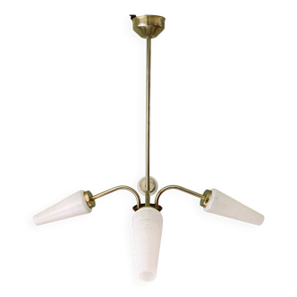 Lustre en laiton et abat-jours coniques années 70