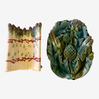 Two dishes with asparagus and artichokes, late 19th century slip