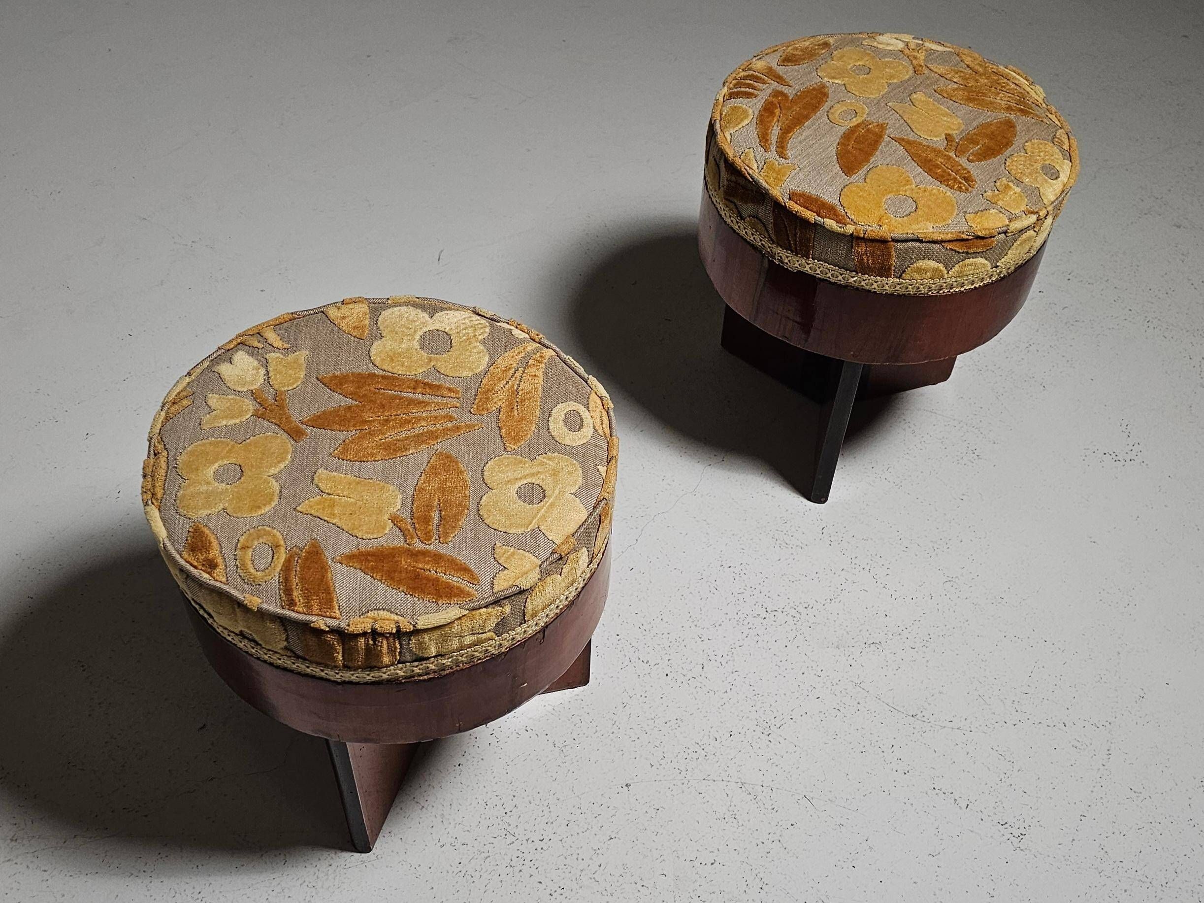 Art Deco stools in walnut and floral printed fabric, Italy.