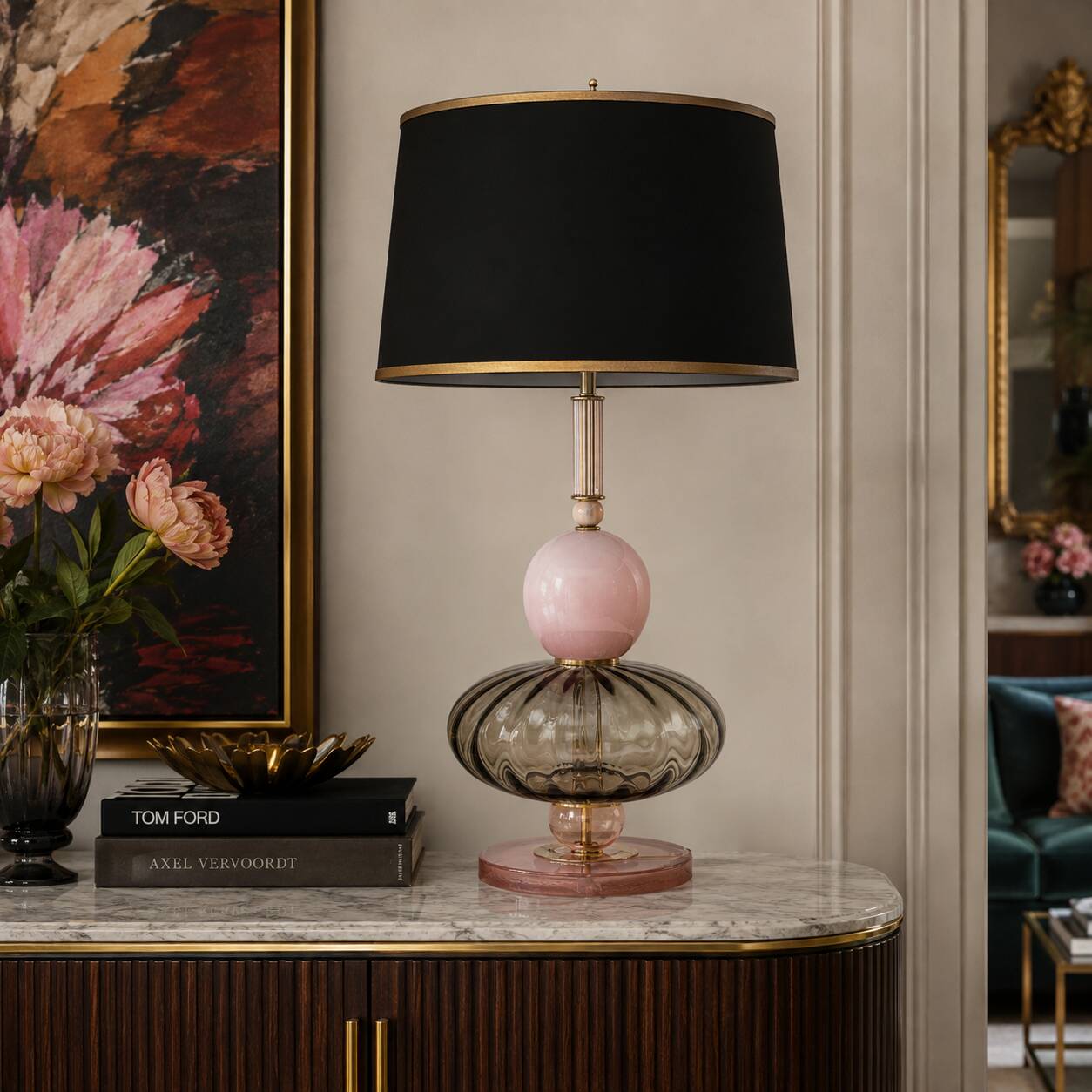 Pair of Geometric Murano Glass Table Lamps in Pink and Green,Sottsass Style