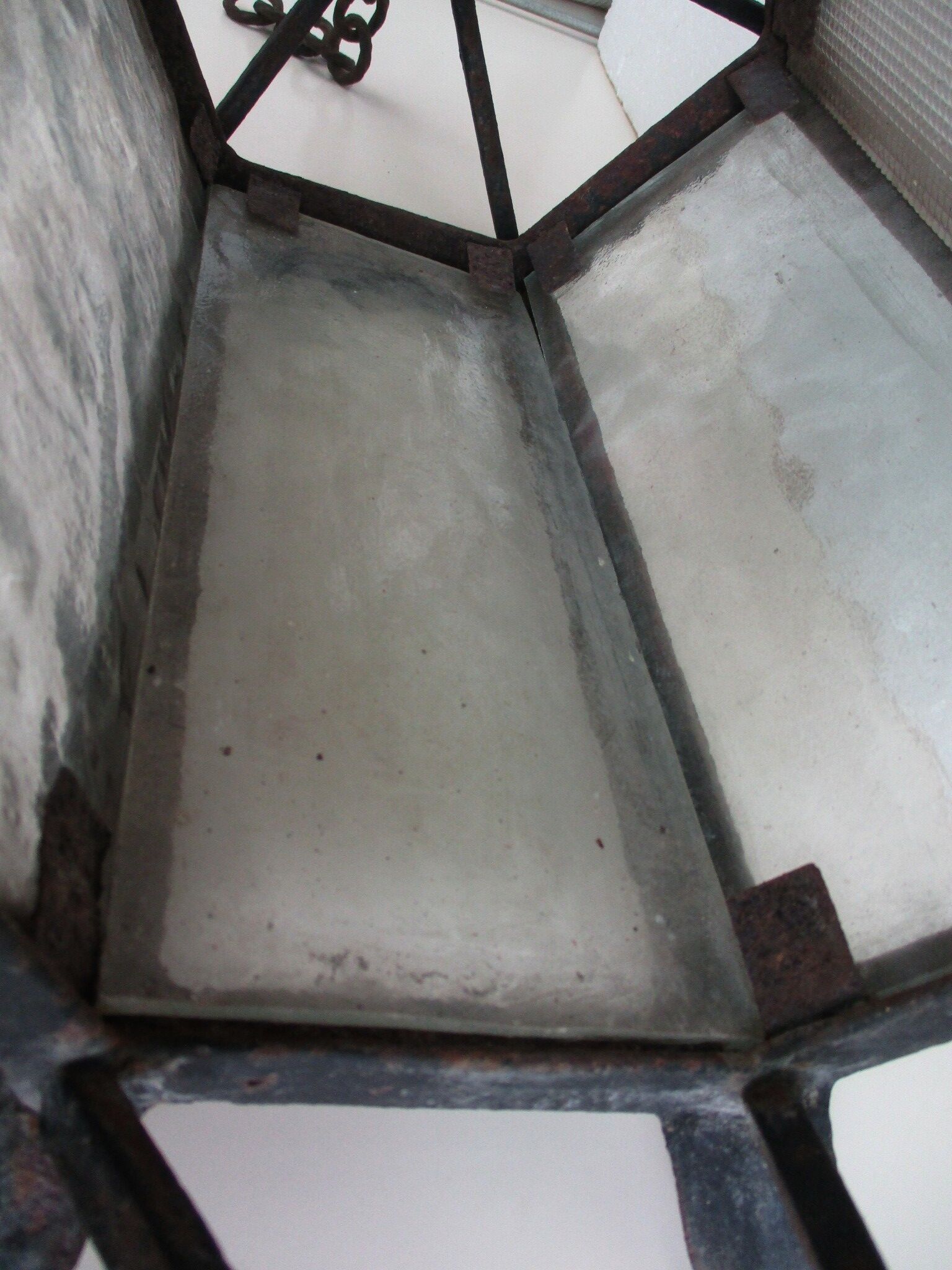 ancient hexagonal wrought iron lantern, decoration lily flowers- 19th century