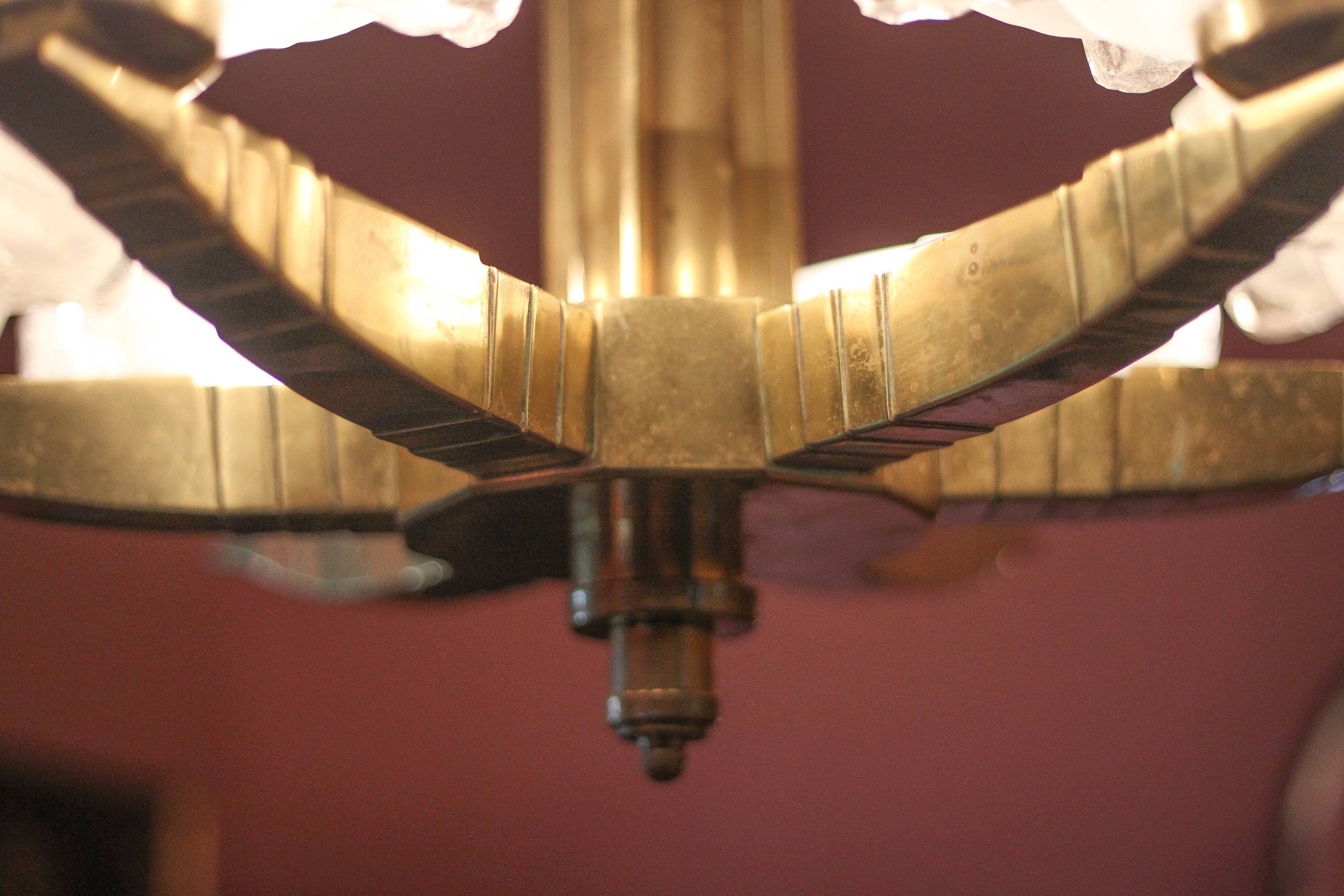 art deco suspension, 6-light Ezan glass globe chandelier, art deco bronze chandelier