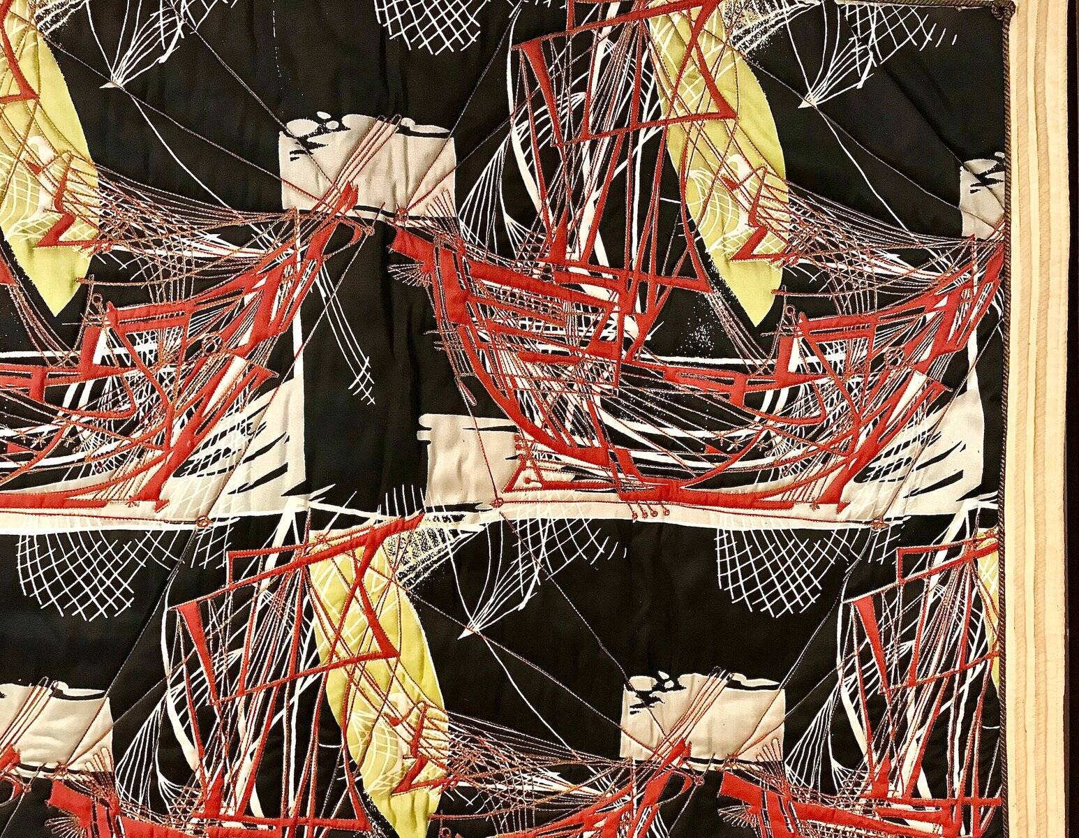Tapestry wall hanging with sailing boats motif on bamboo rod, Italy 1940s
