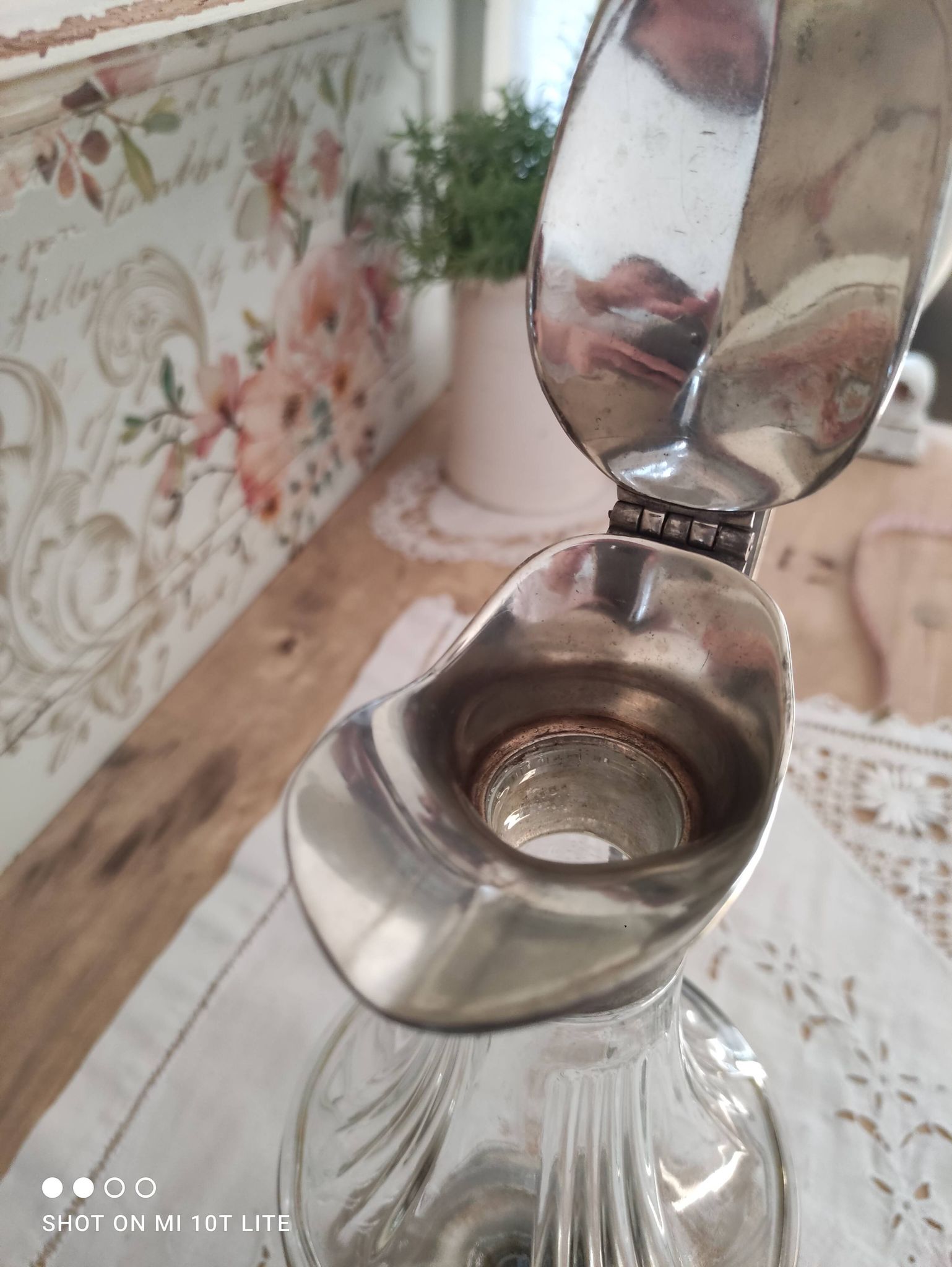 Old water decanter in curved glass and tin Art Nouveau style
