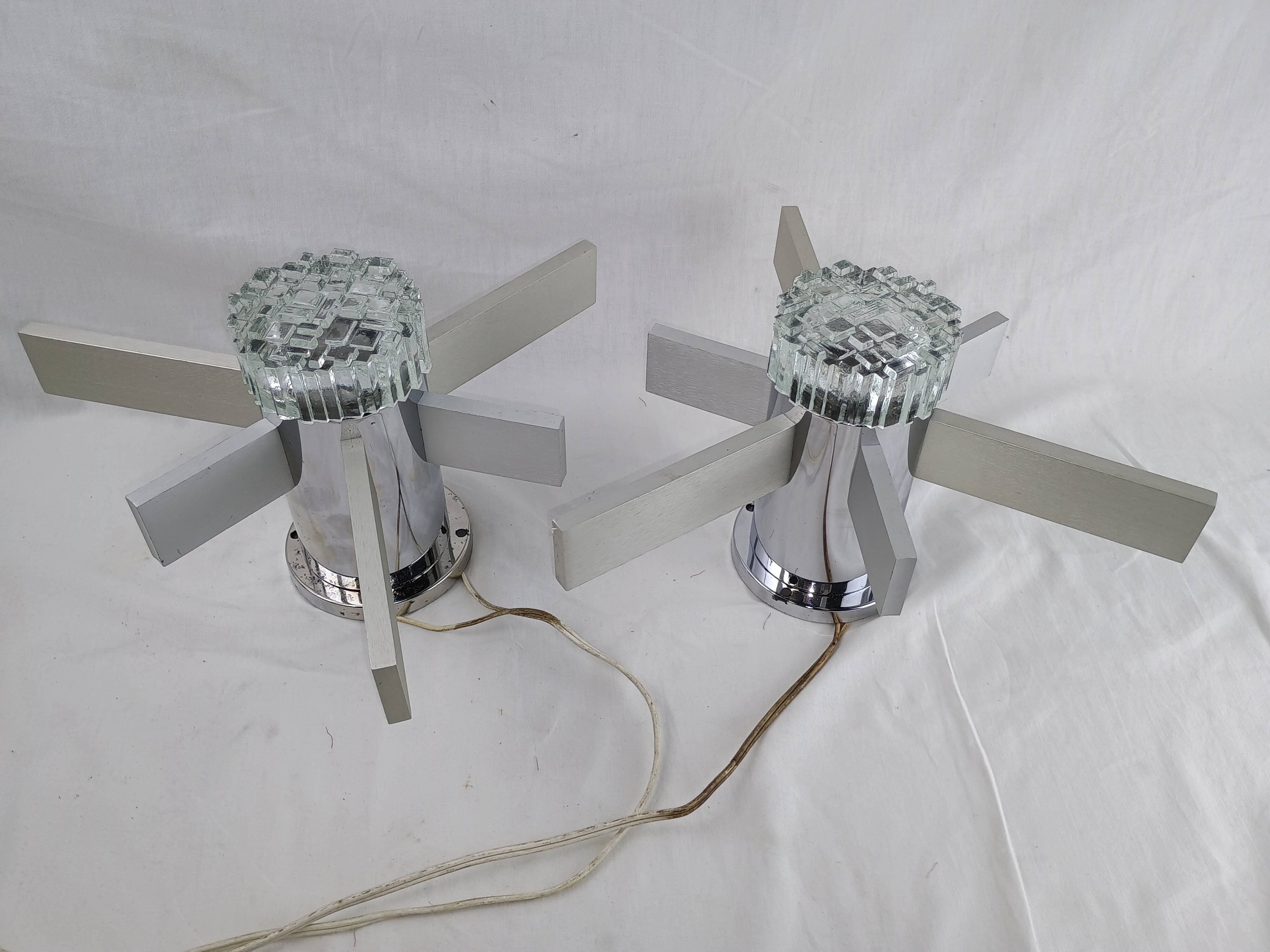 Pair of vintage Italian chrome and glass wall lights, 1960s Sciolari.