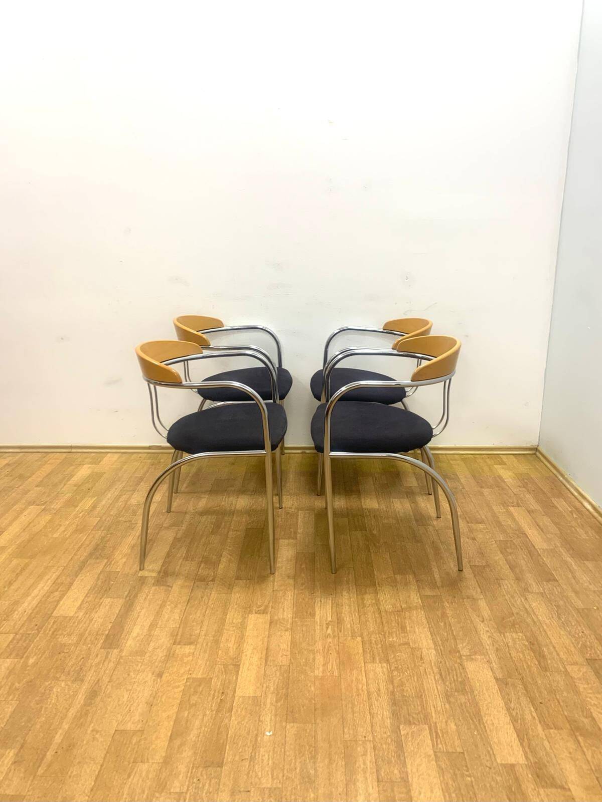 Set of 4 Chrome and Wood Chairs, Italy, 1980s