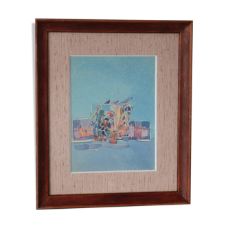 Aquarelle encadrée "Composition moderne à la fenêtre" signée Claude