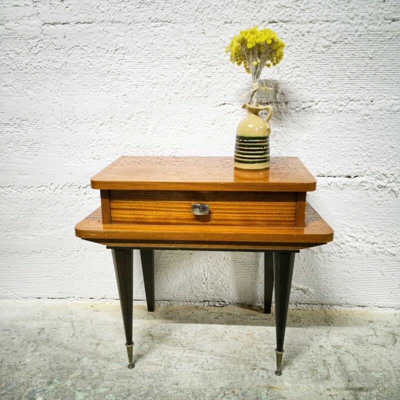 Vintage varnished wood bedside table