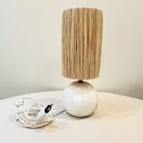 Vintage 1970s white marble ball lamp raffia rope lampshade 70s bohemian chic alabaster