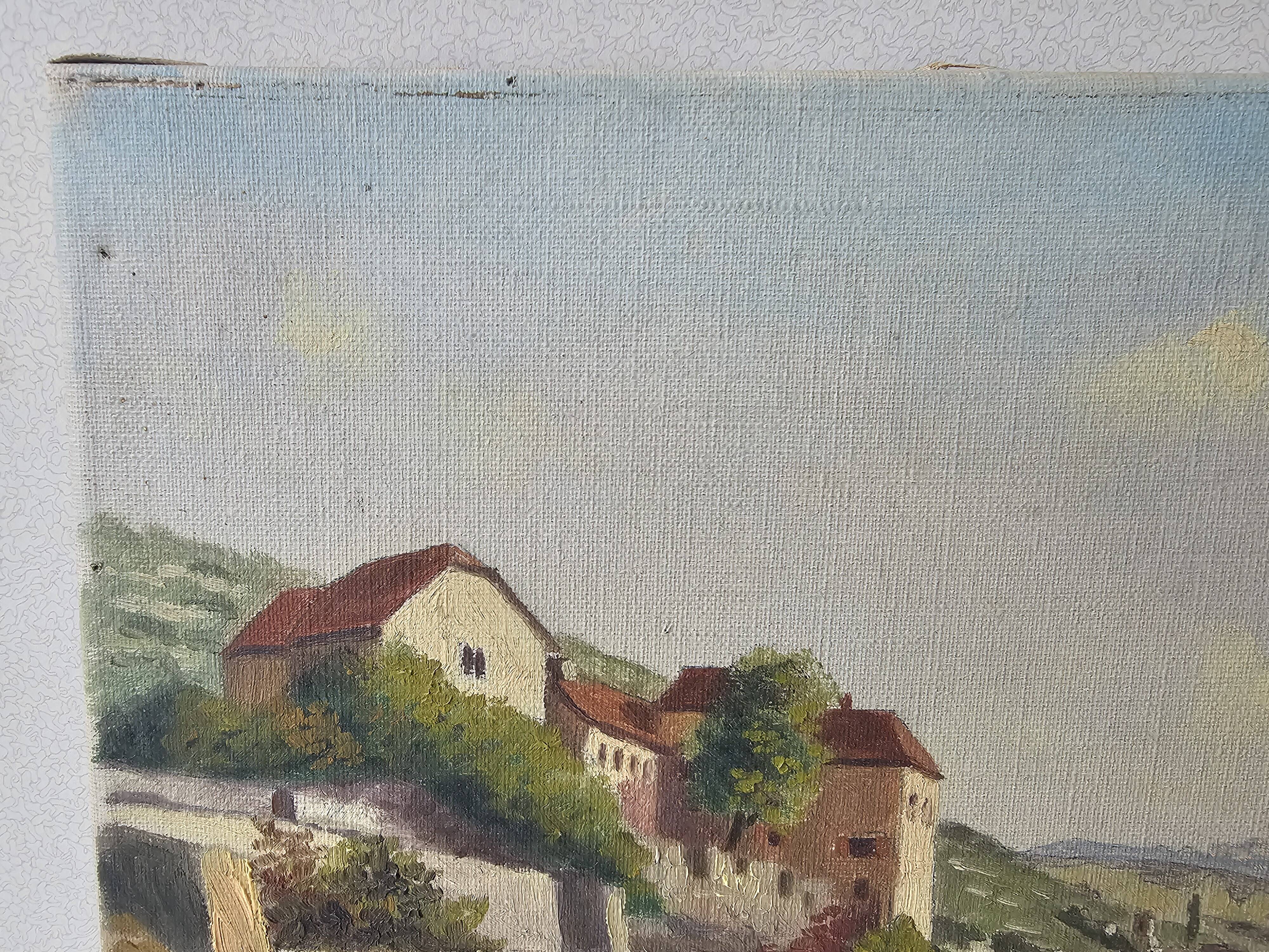 Old painting - Oil on canvas Lake Geneva Chateau de Glérolles (Switzerland)
