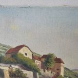 Old painting - Oil on canvas Lake Geneva Chateau de Glérolles (Switzerland)