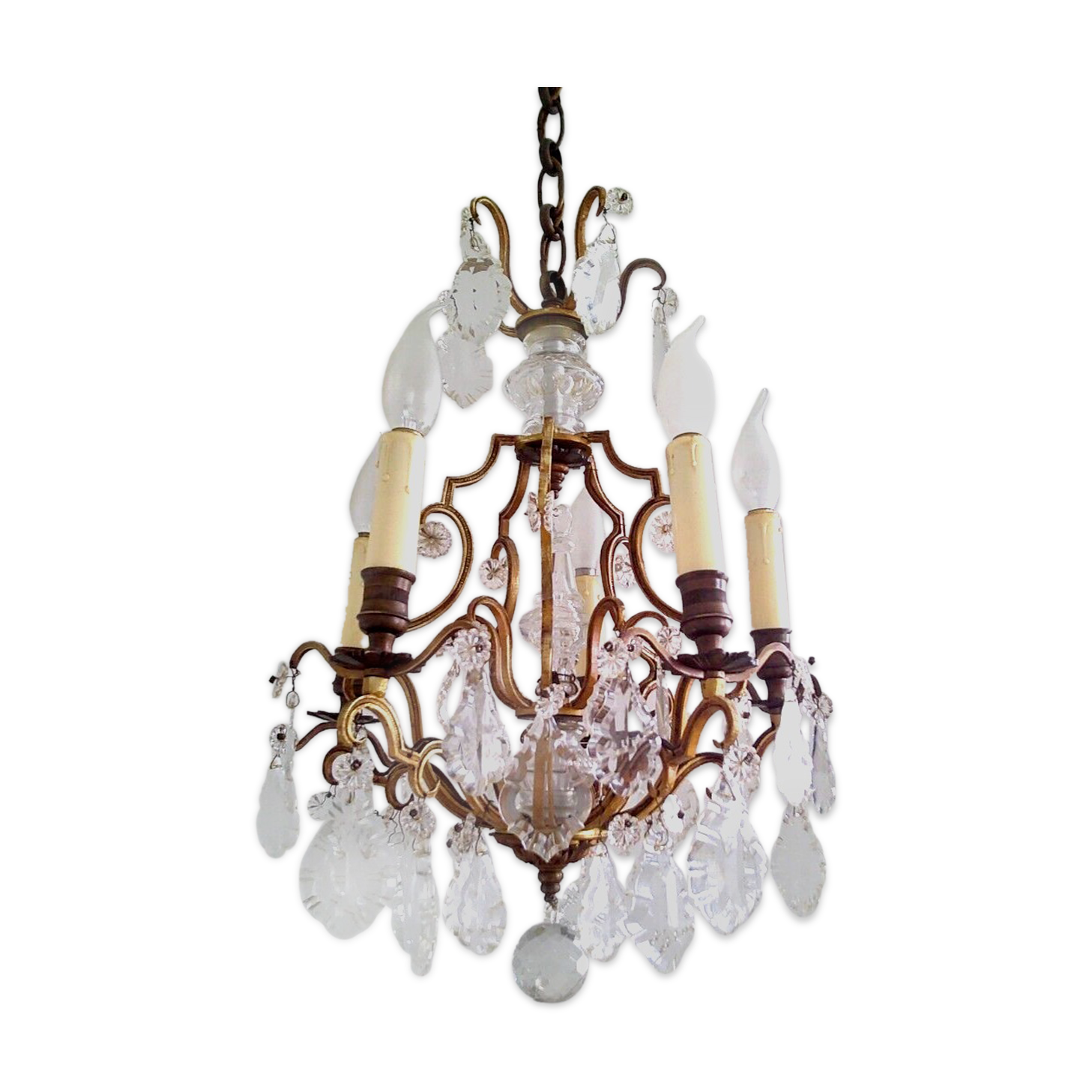 French antique bronze glass & crystal 5 light cage chandelier 4032