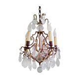 French antique bronze glass & crystal 5 light cage chandelier 4032