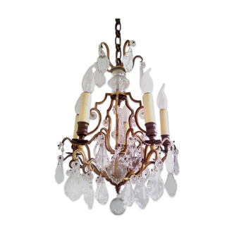 French antique bronze glass & crystal 5 light cage chandelier 4032