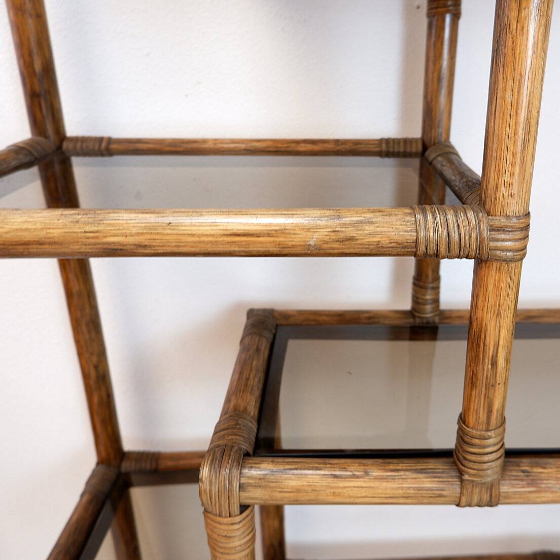 Asymmetrical bamboo and smoked glass shelf - 1970s