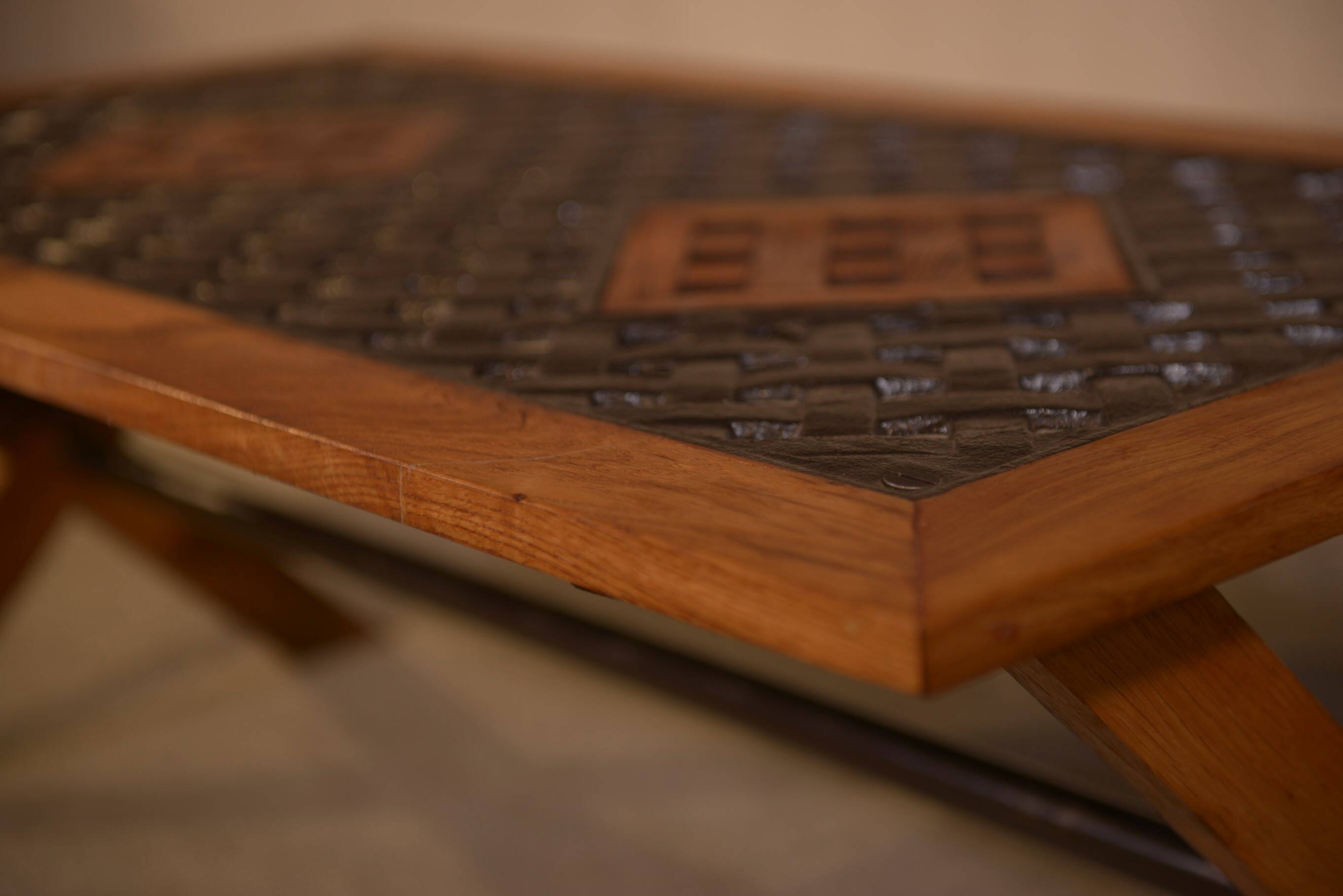 Antique oak and cast iron street furniture coffee table from the 1950s