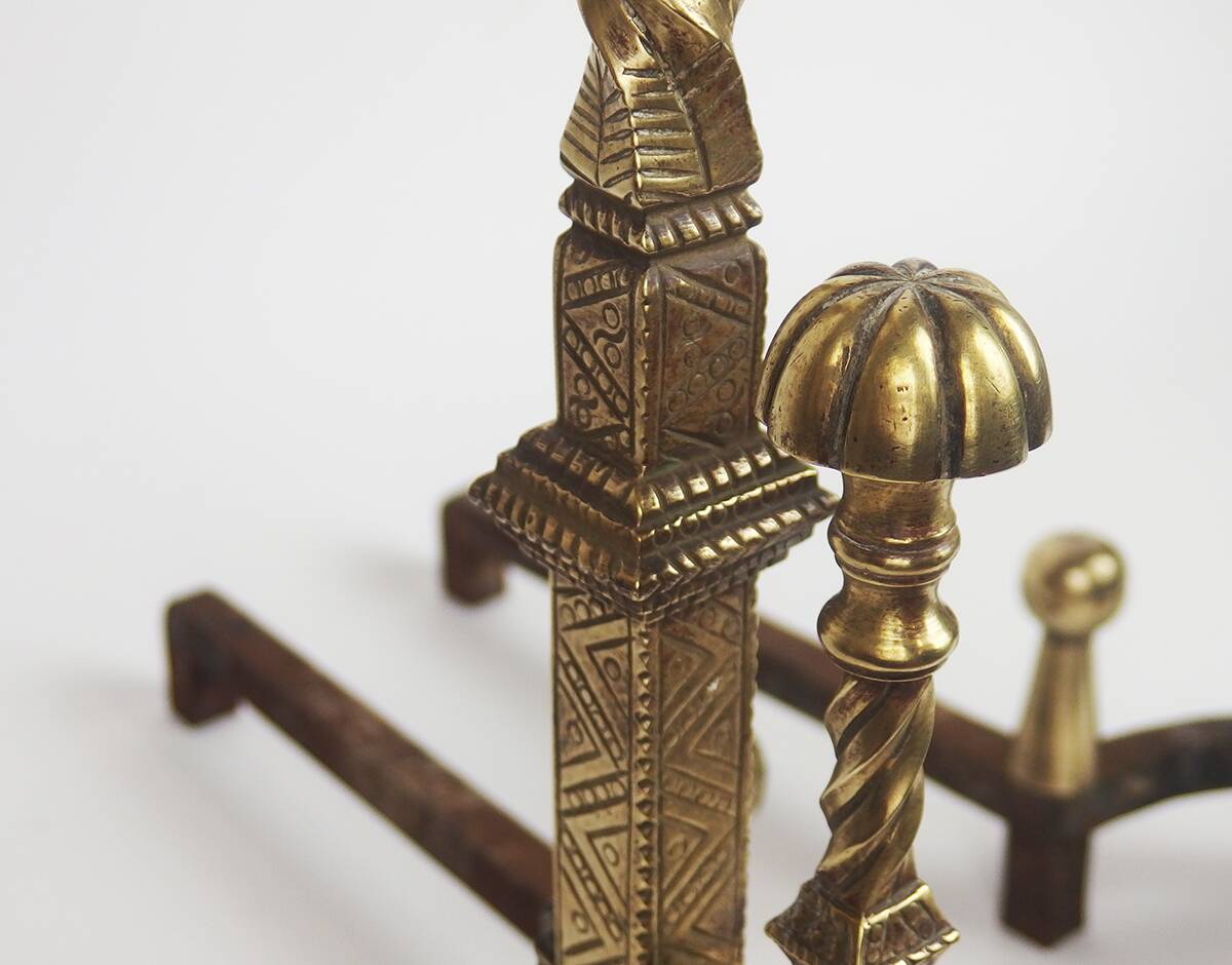 Pair of neo-gothic style bronze andirons