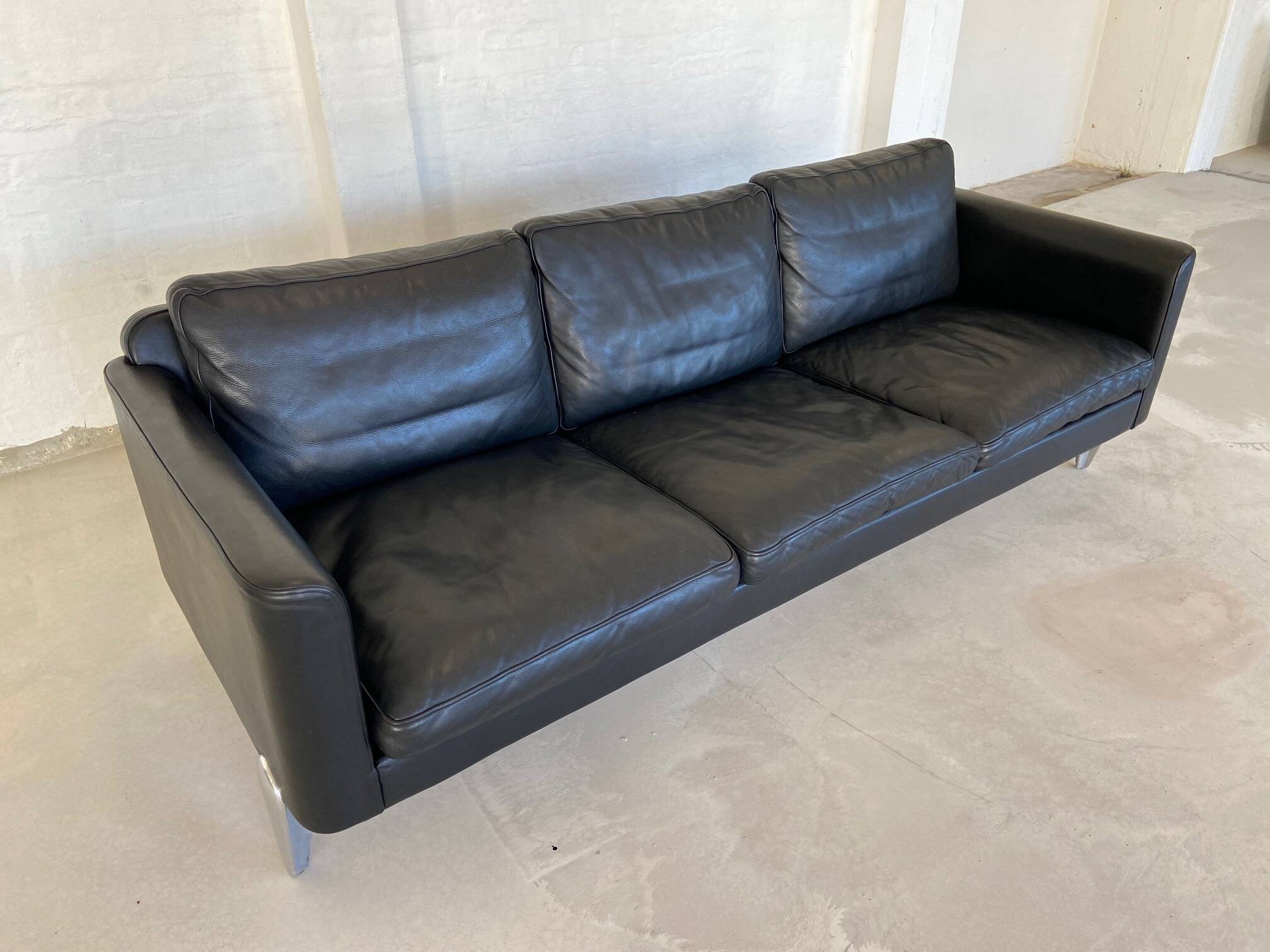 Vintage danish soren holst black leather 3 seater sofa with aluminium legs