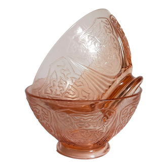 Duo de bols verre rose à motifs années 40