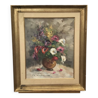 vase fleuri d’un bouquet. Huile sur toile signée par Jean-Jacques Foulon (1923-1980)