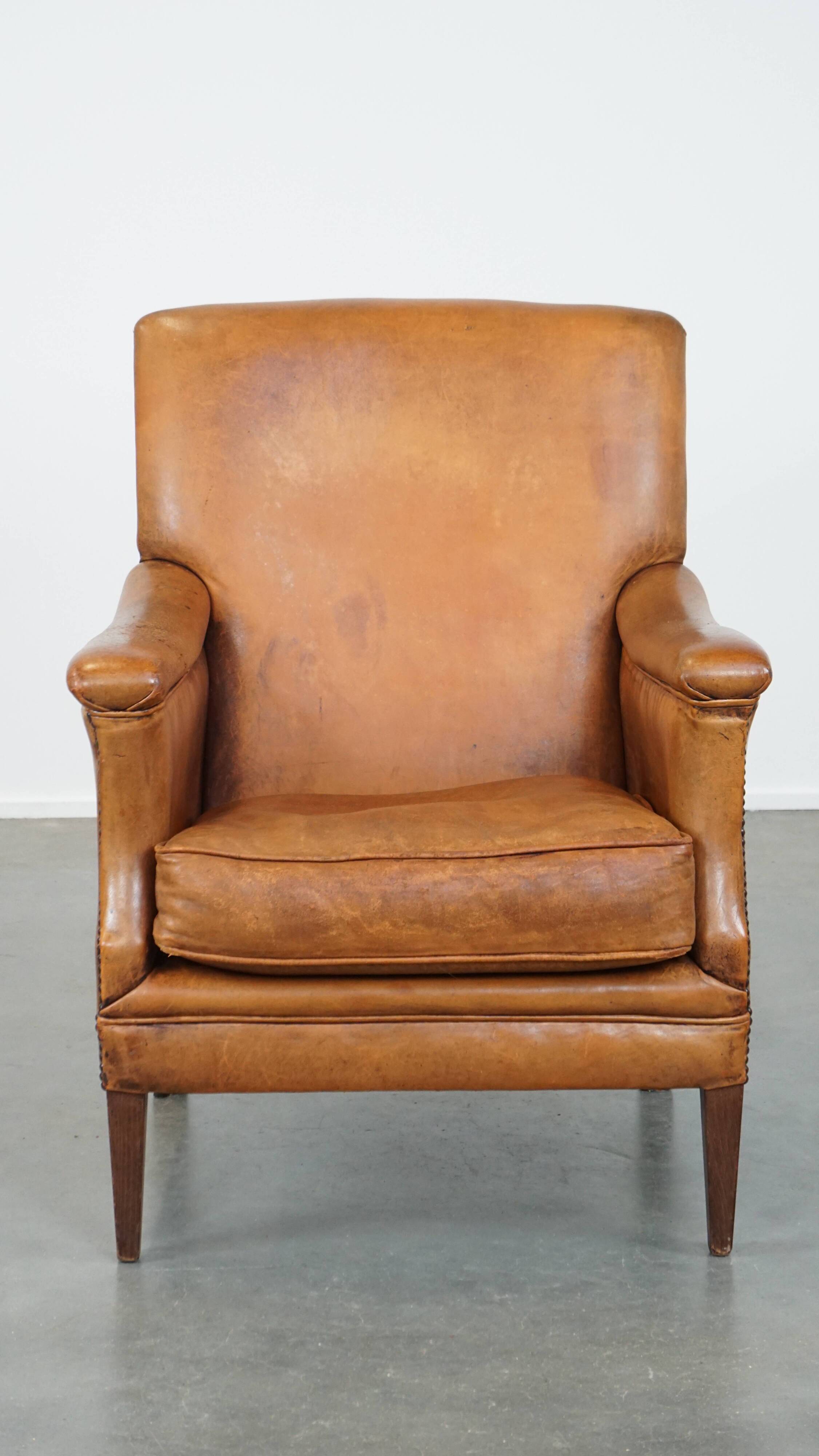 Cognac-Colored Sheepskin Leather Armchair with Straight Lines