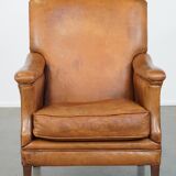 Cognac-Colored Sheepskin Leather Armchair with Straight Lines