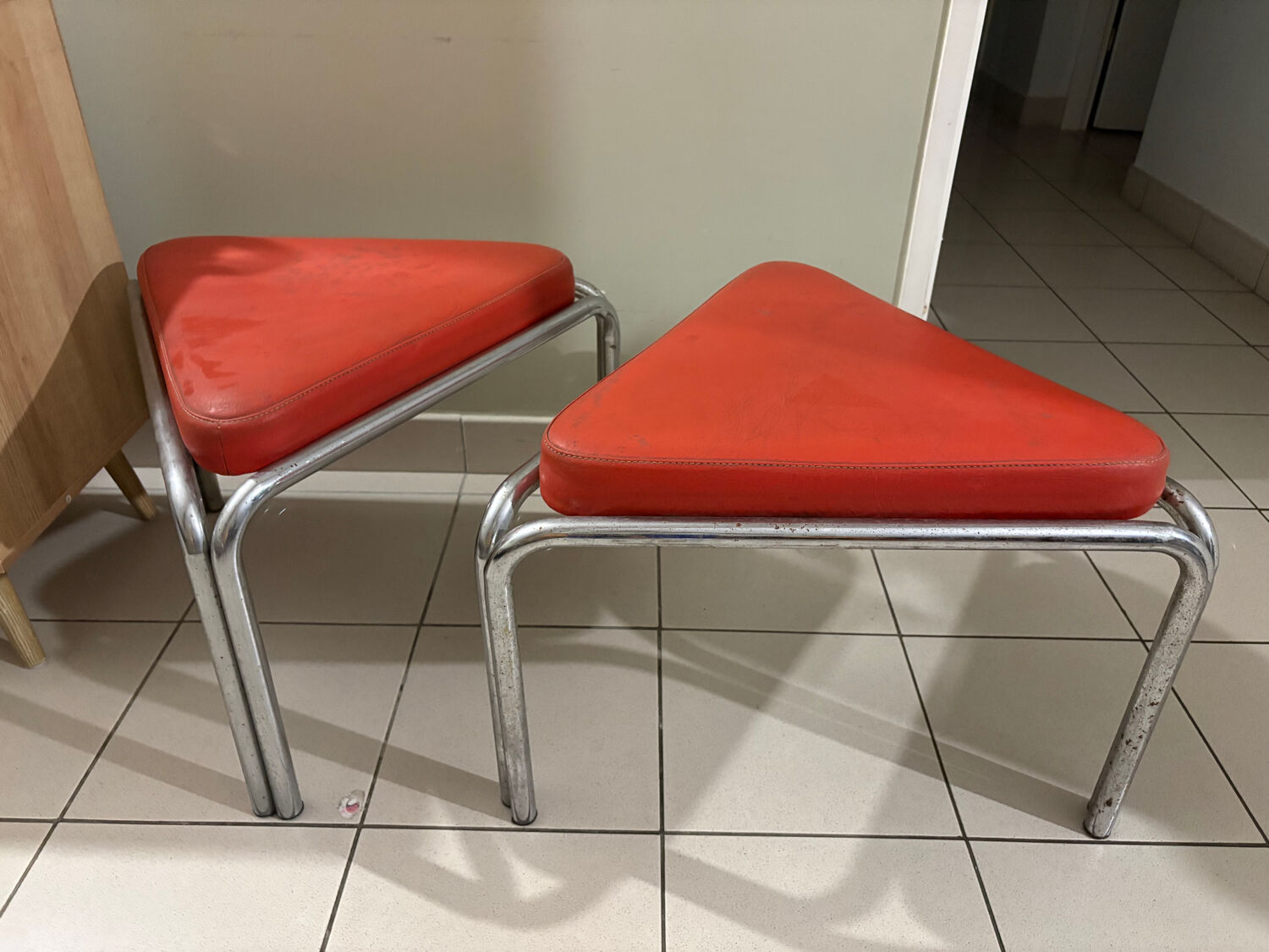 Vintage Bauhaus orange triangular stools
