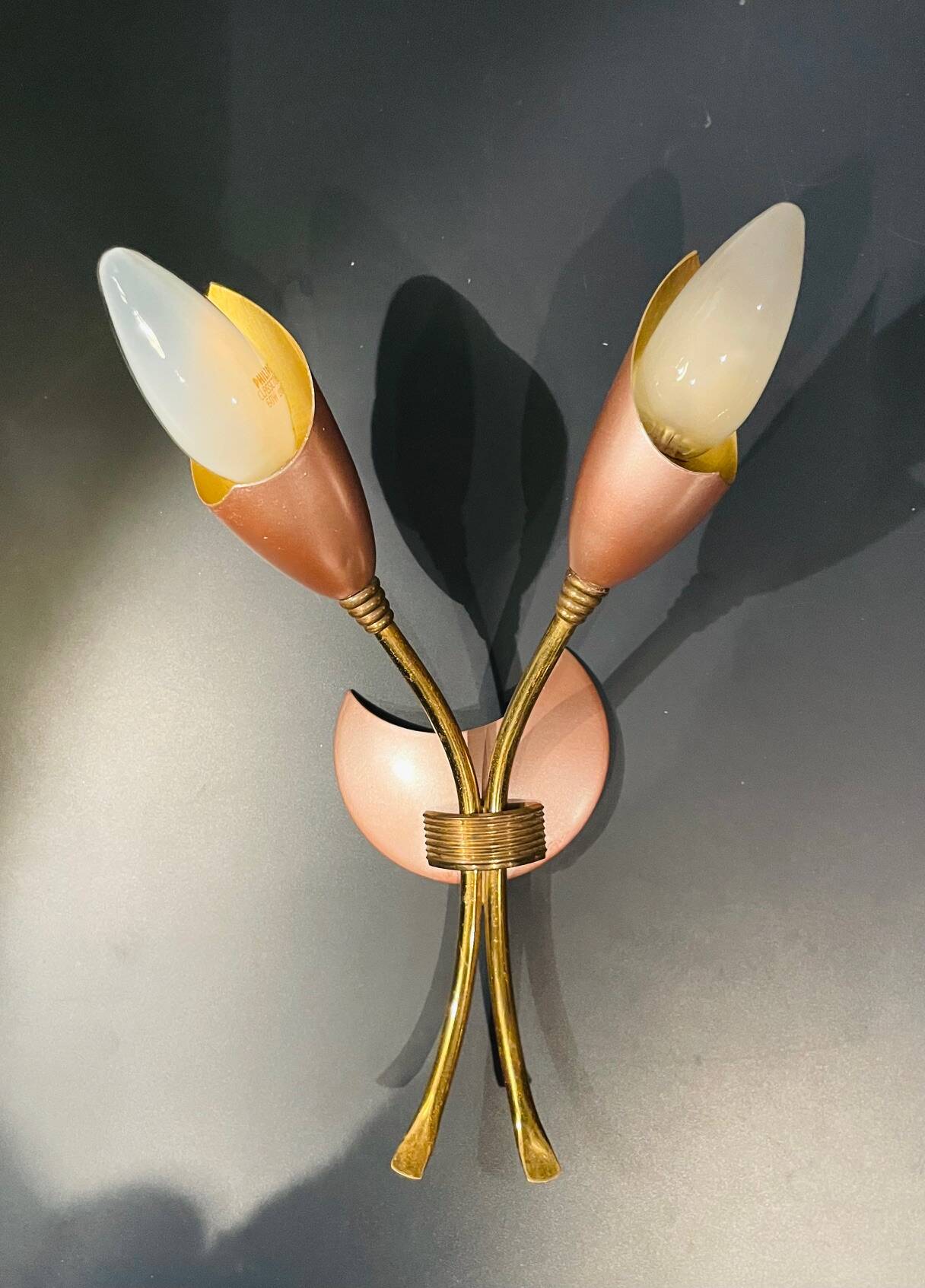 Vintage 1950s brass double wall sconce in the Italian Stilnovo style