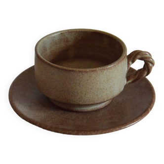 Duo tasse & sous-tasse 250ml en céramique grès mouchetée grège vintage Vallauris poterie france set