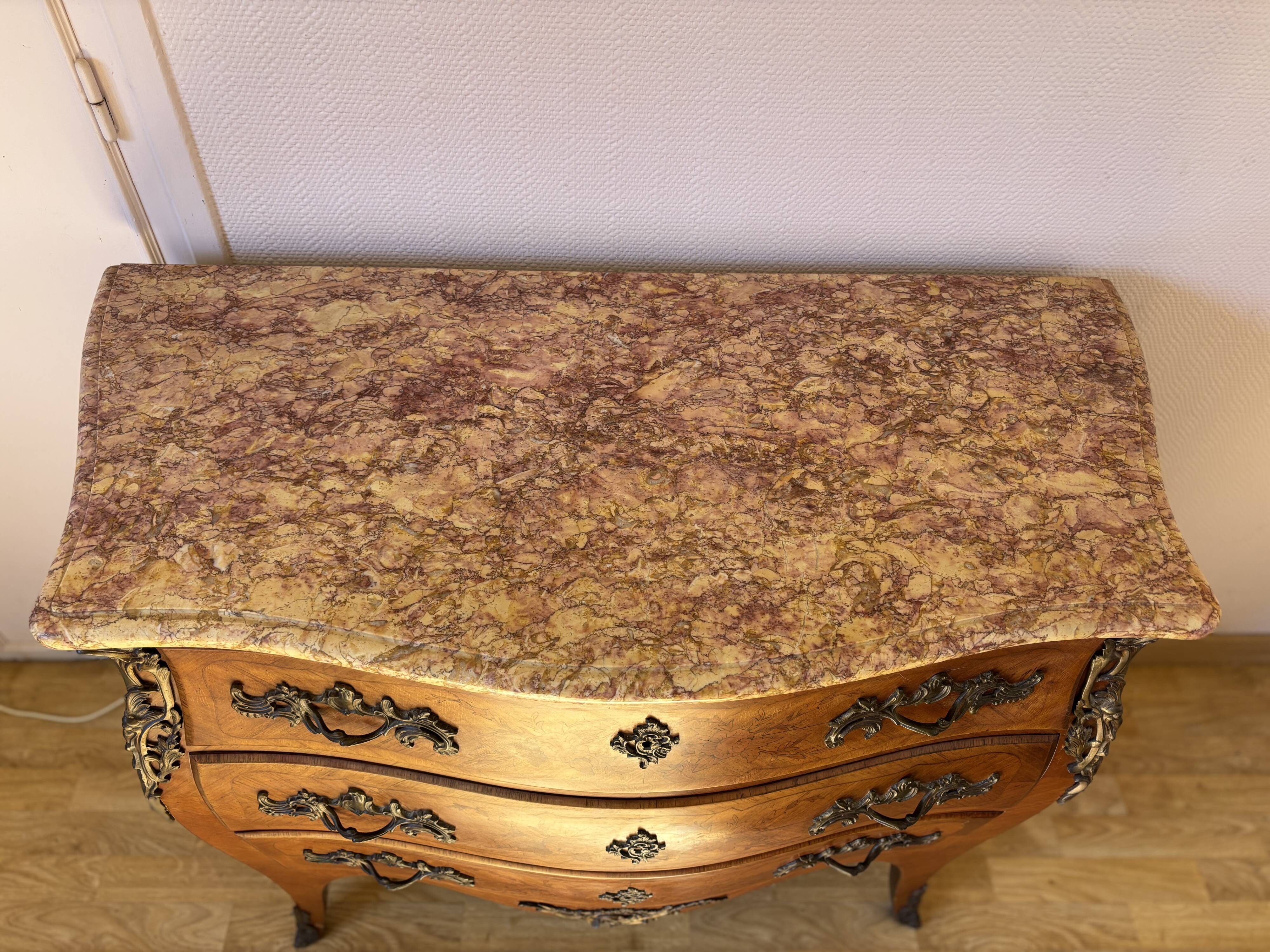 Curved Louis XV style commode with marquetry + marble top