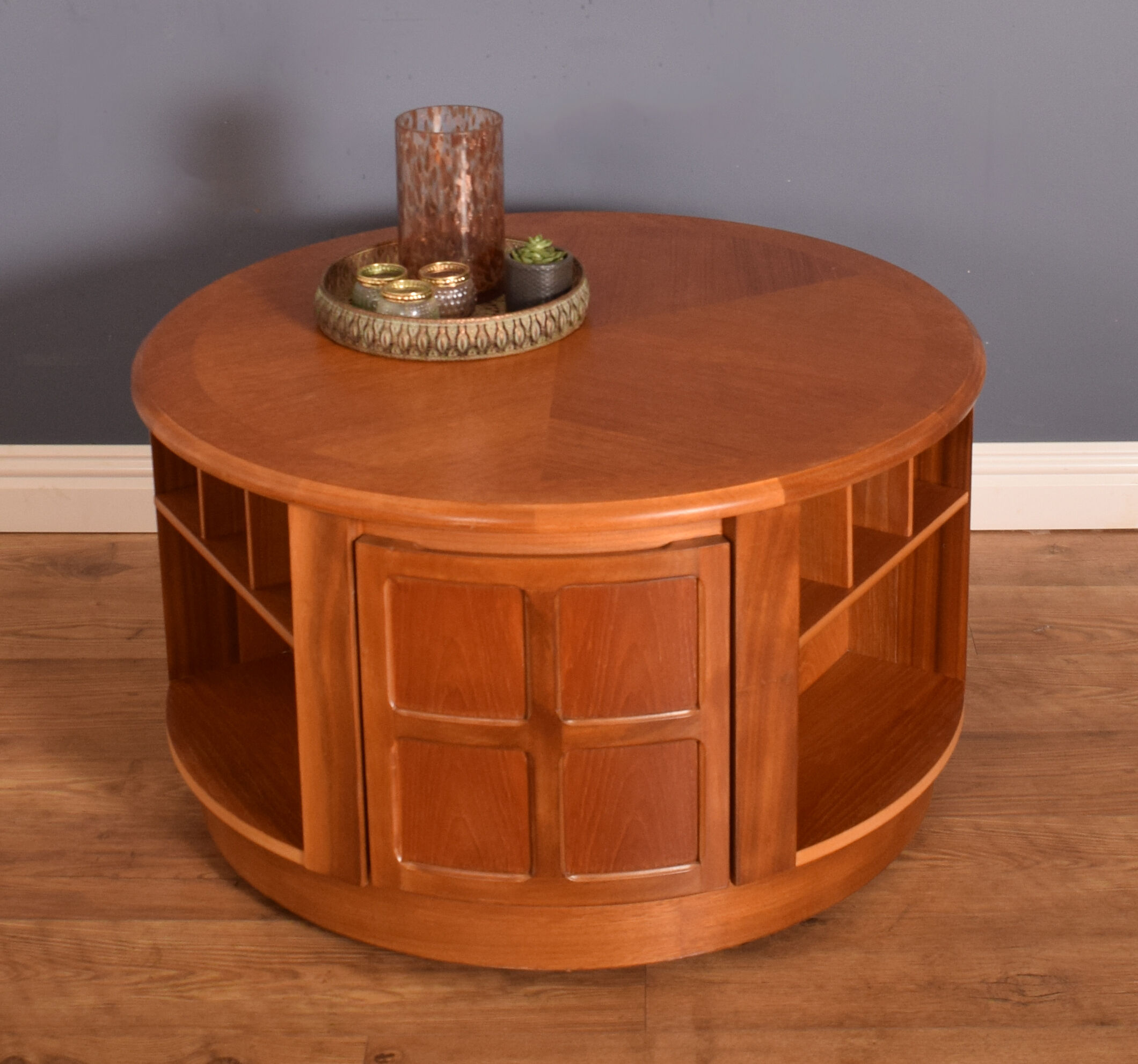 Restored teak retro round nathan squares drum coffee table collectors item