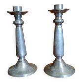 Pair of old Chinese candlesticks in engraved pewter