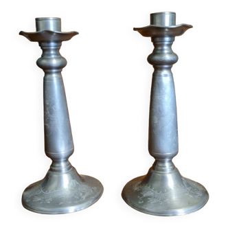 Pair of old Chinese candlesticks in engraved pewter