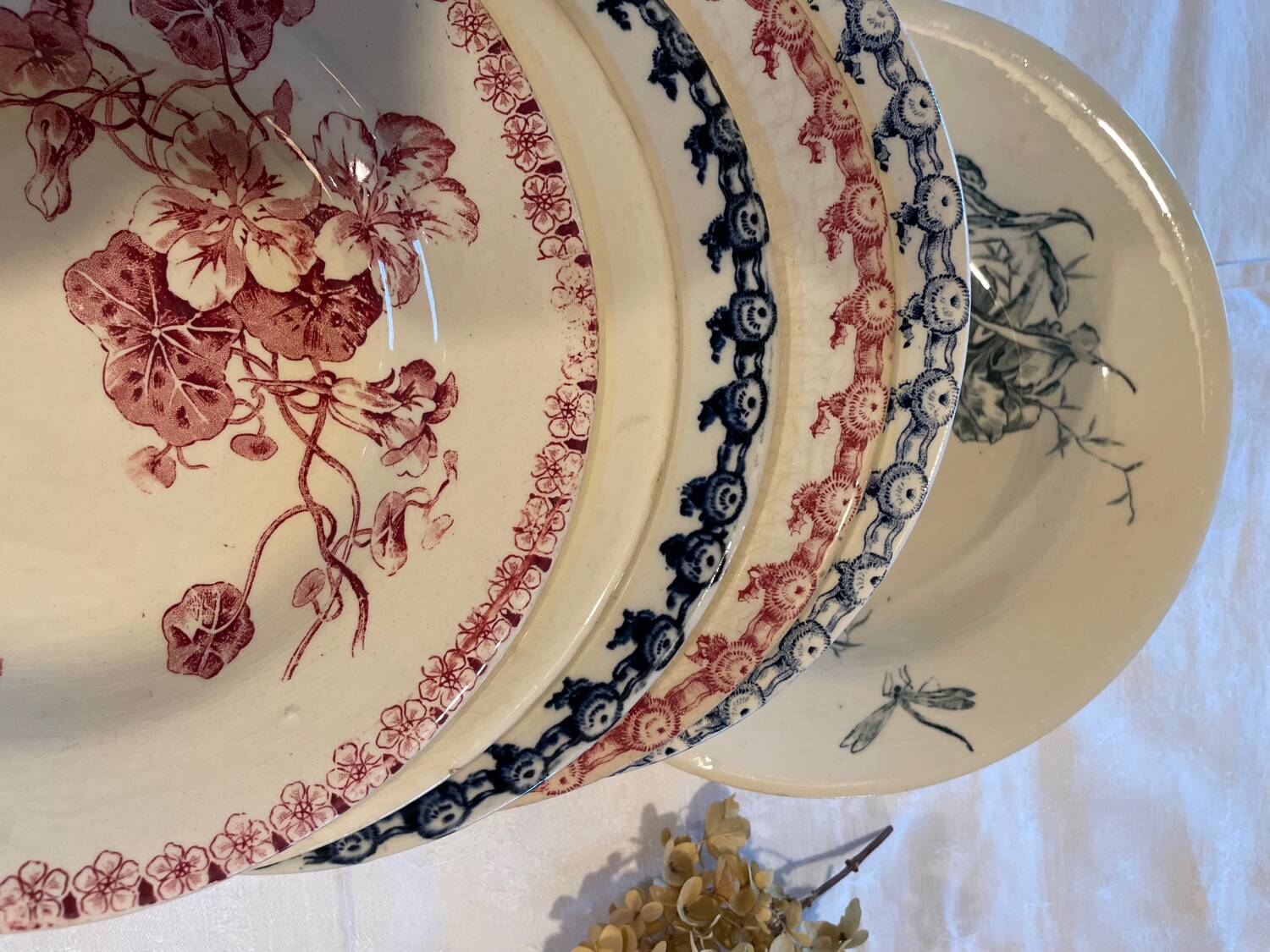 6 Mismatched Terre de Fer Hollow Plates Gien Late 19th Early 20th