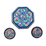 A flat bottom and two enamel bottle bottoms of Longwy