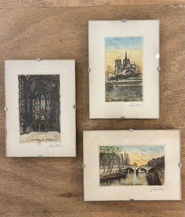 Set 3 gravures Paris début 20eme signées Gautier