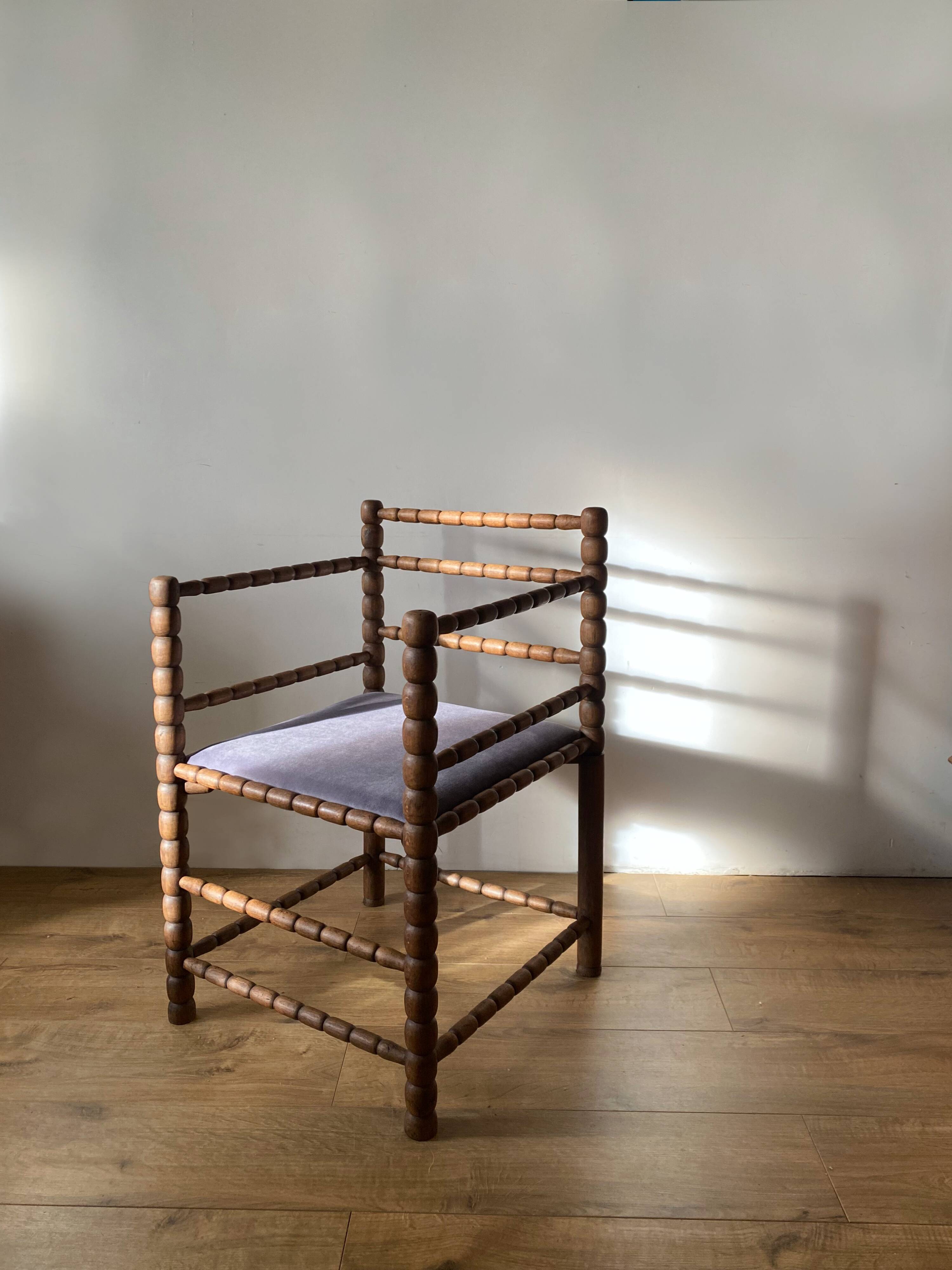 turned wood spool armchair velvet