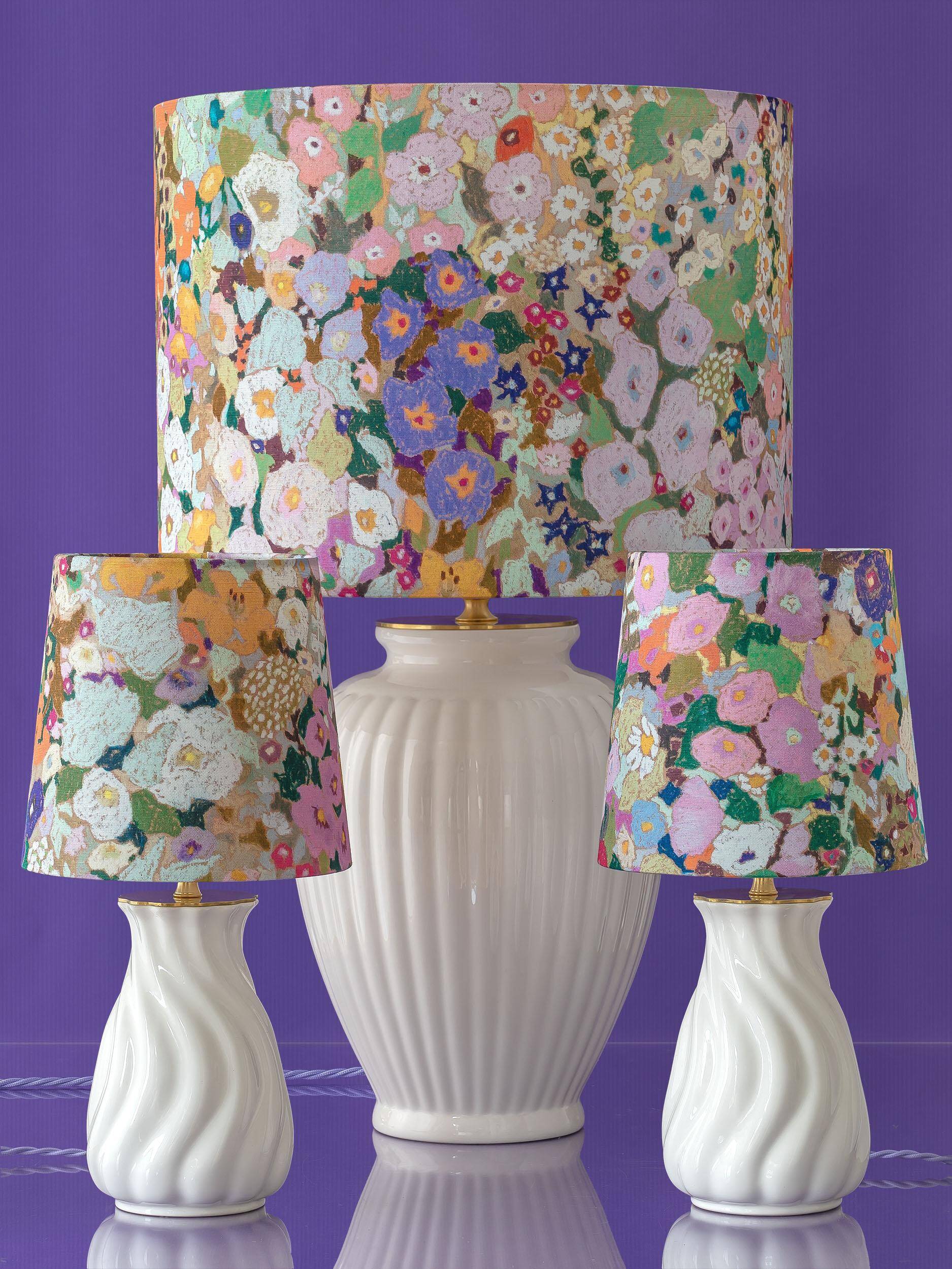 Large floral maximalist table lamp with a Delft ceramic base and new lampshade.