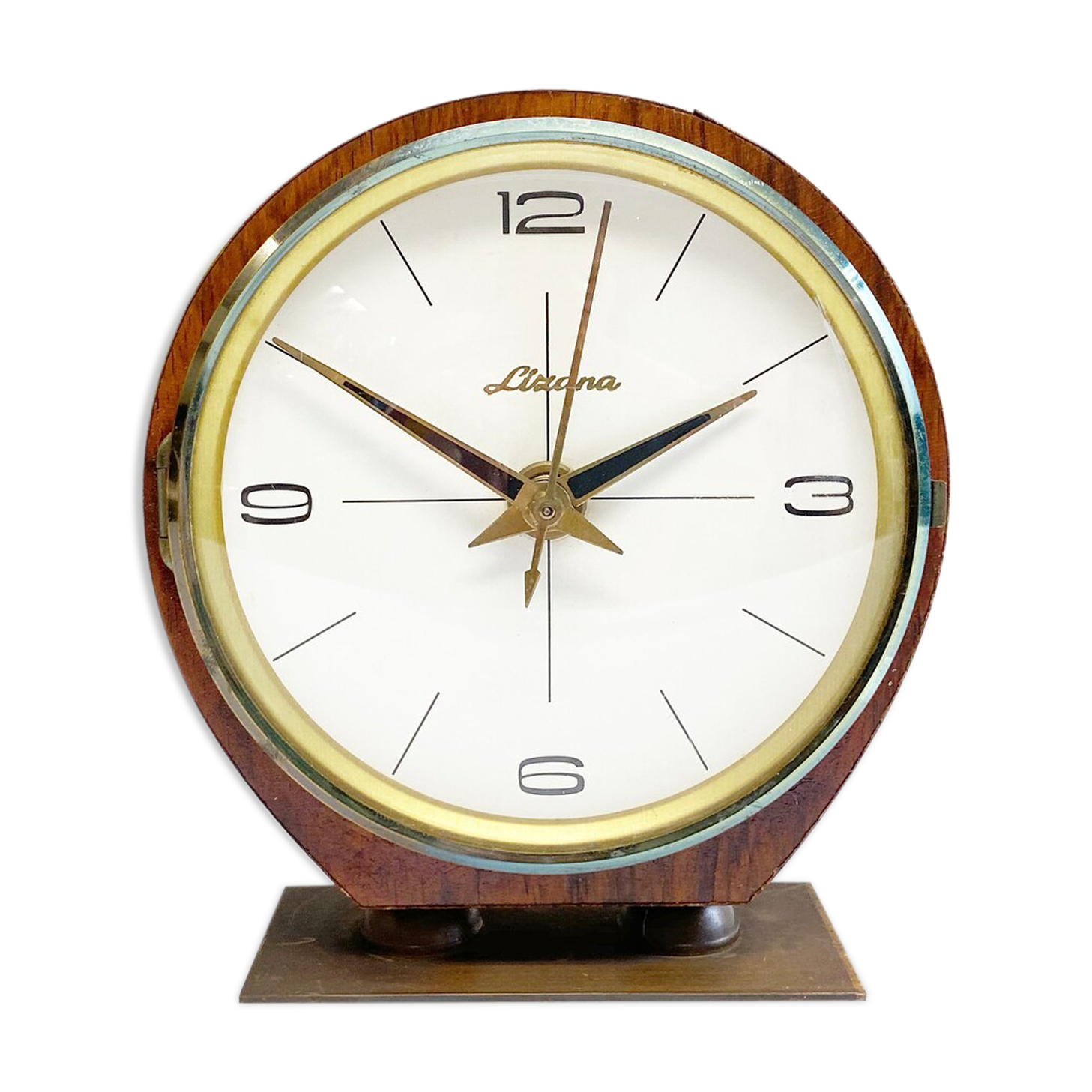 Mid century teak & brass lizana clock, vintage electric table clock