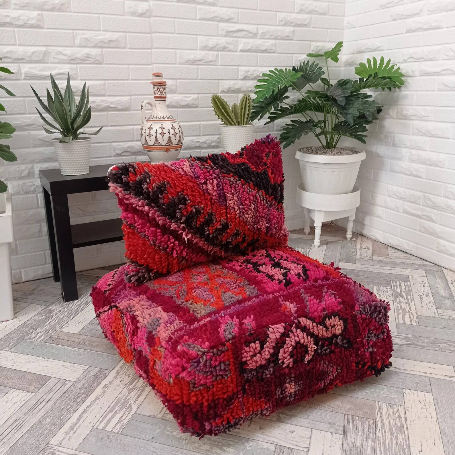 Berber pouf and handmade wool cushion 60 X 60 X 20 CM