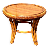 Living room or veranda table, made of rattan, vintage bohemian seventies decor.
