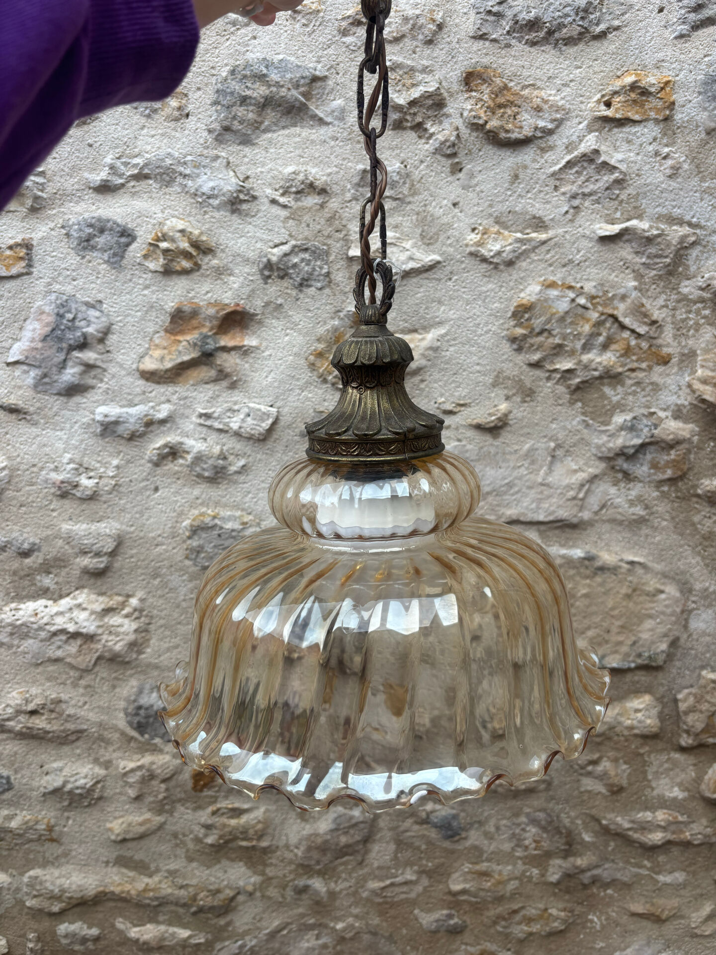 1970s Vintage Amber Glass Pendant Light