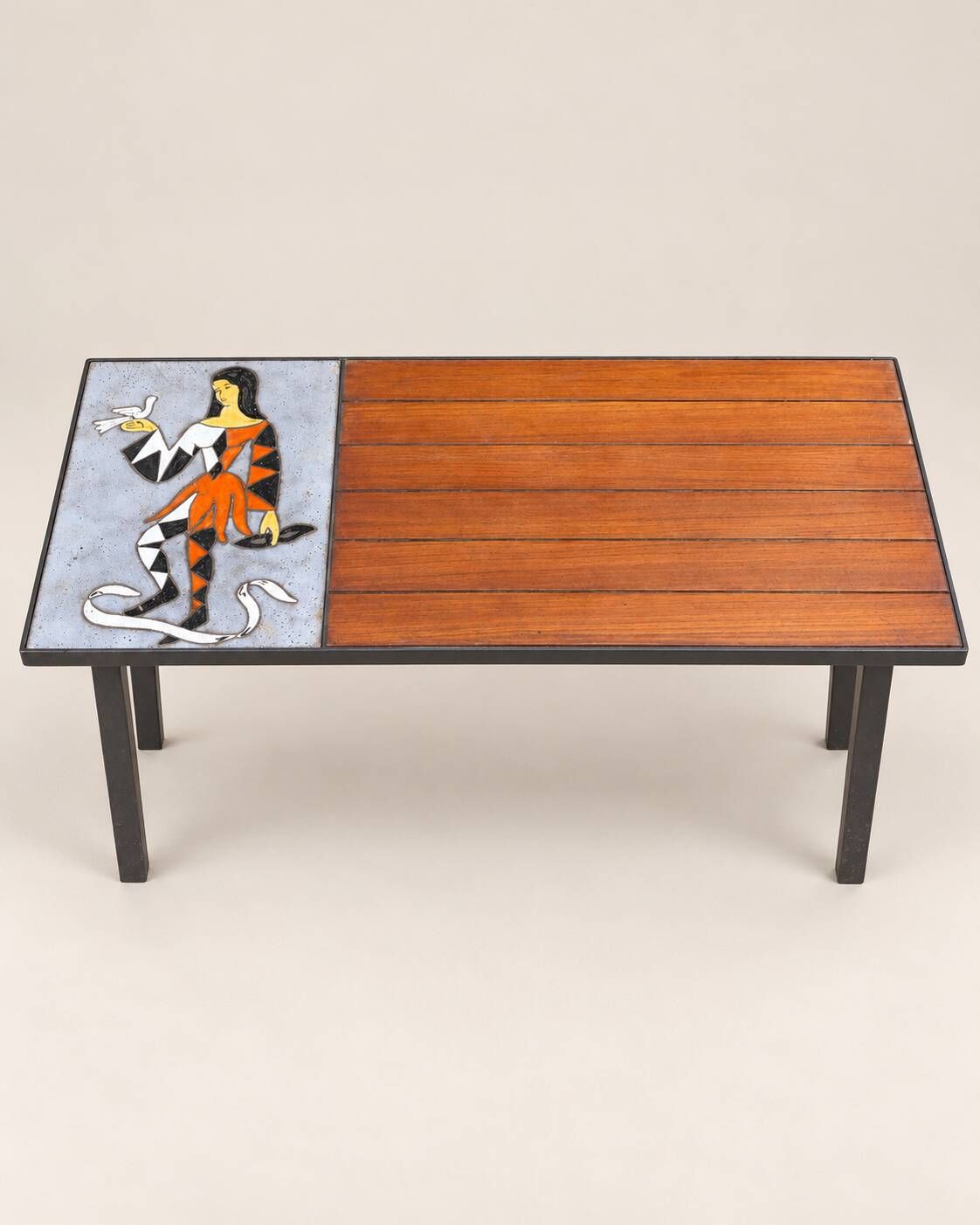 Vintage coffee table in wood, metal and ceramic Harlequin decor – 1960s