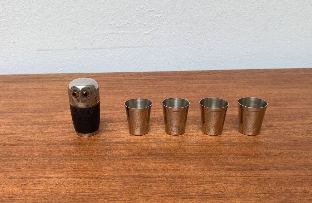 Set of 5 metal shot glasses in German owl style from the mid-century, 1960s.