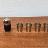 Set of 5 metal shot glasses in German owl style from the mid-century, 1960s.