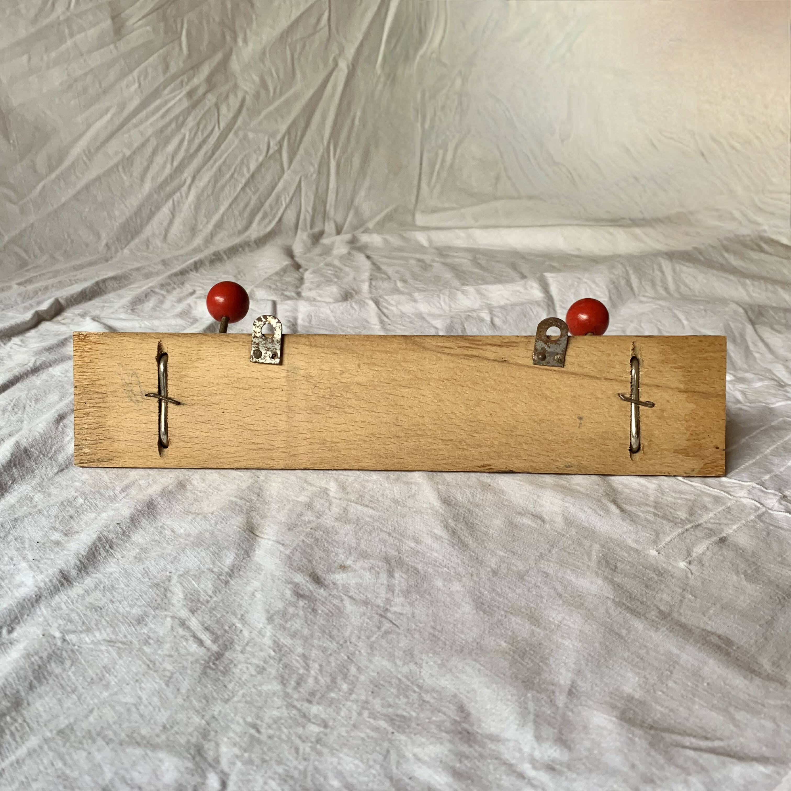 Vintage wall coat rack - double hook - red wooden balls