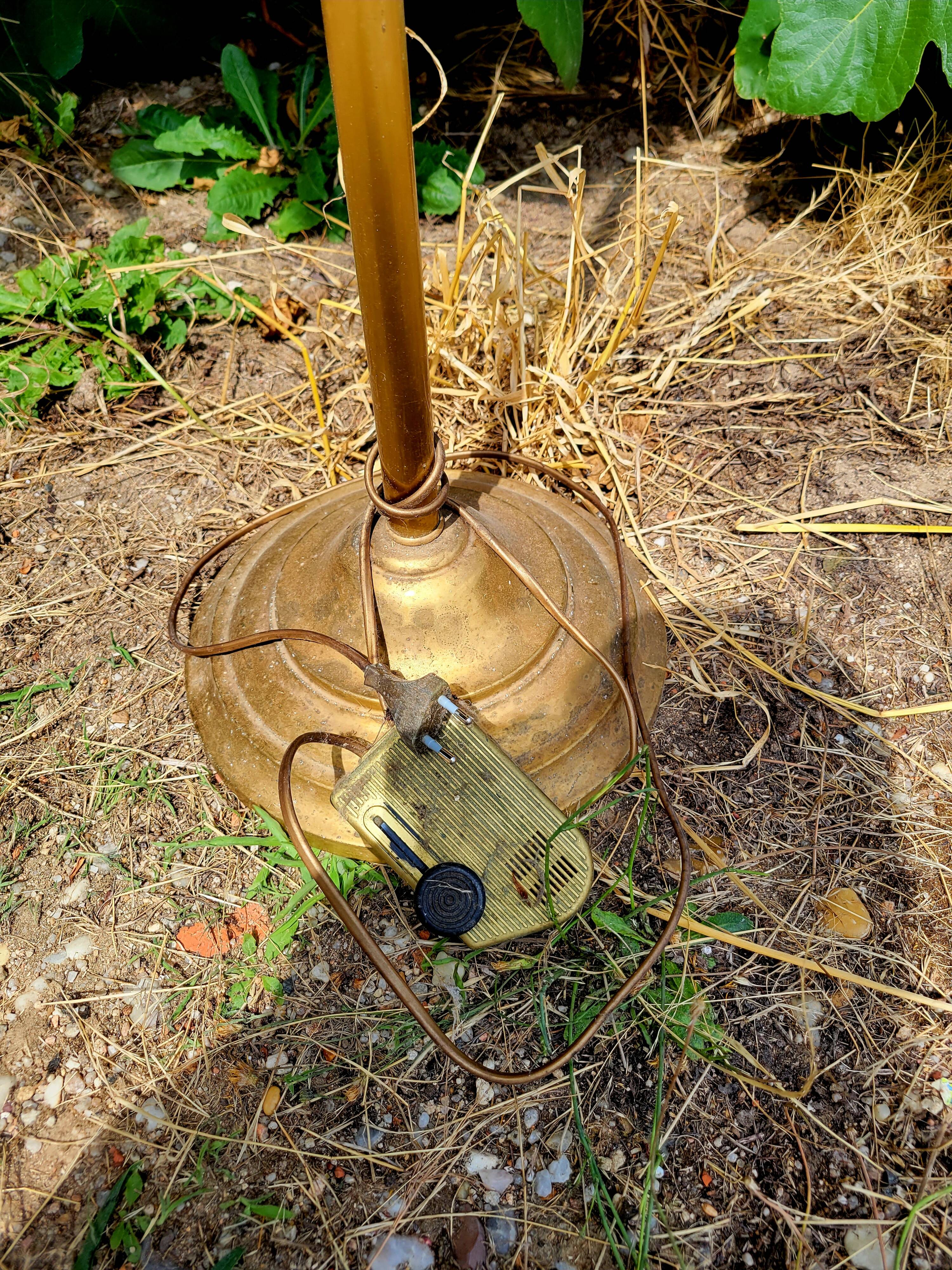 Golden floor lamp with opaline glass lampshade