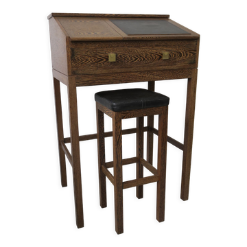 Bureau de secrétaire avec tabouret en macasar des années 60